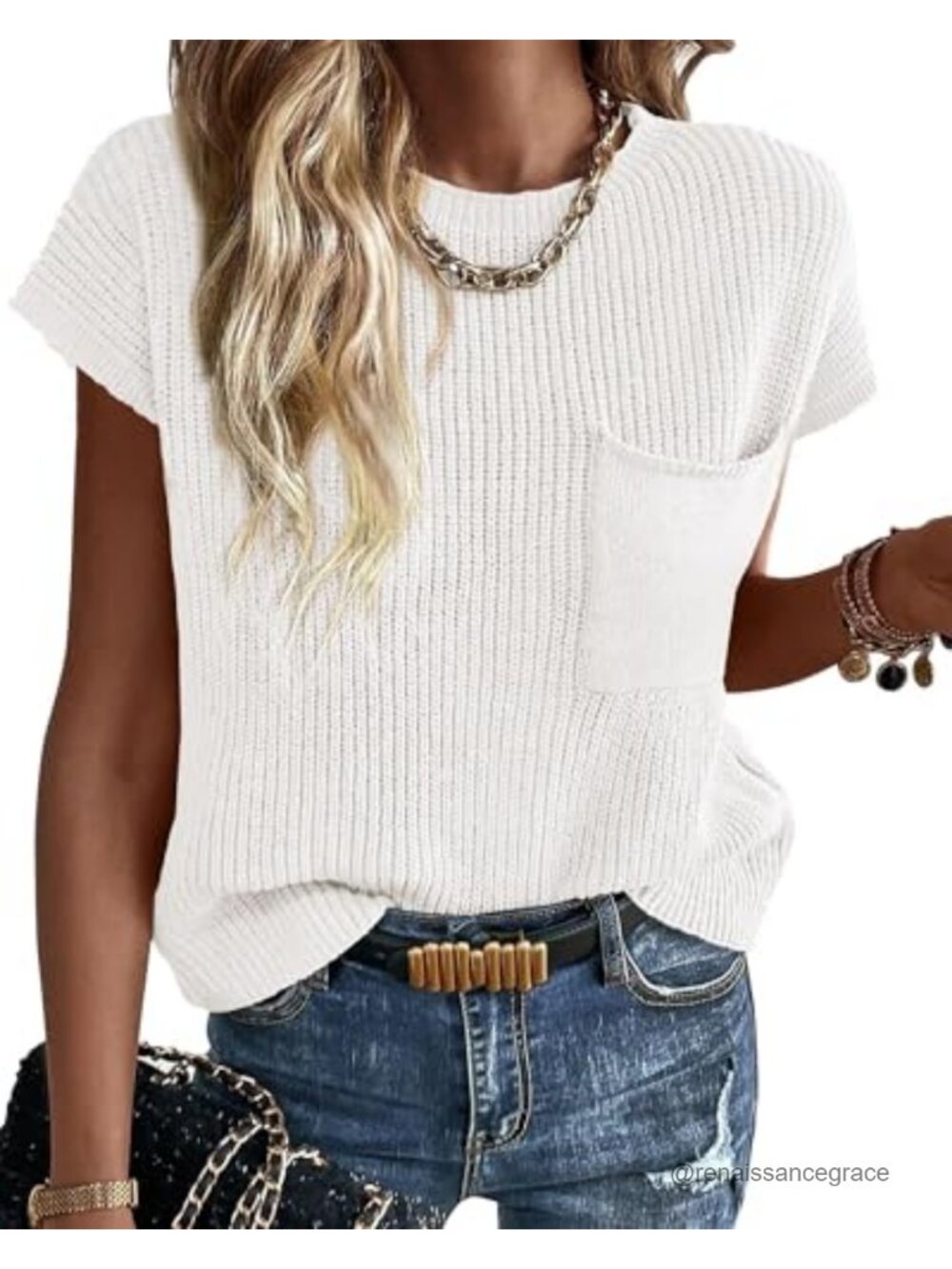Short Sleeve Sweater Ribbed Knit Cotton Cap Sleeve Pullover Women